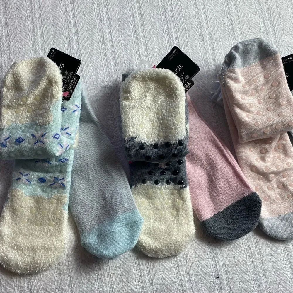 Cuddl Duds Girls 4-10 Ankle Double Layer Slipper Socks Total 6 Pr